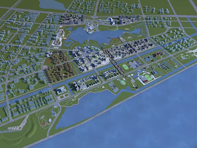 Aerial View Urban Planning with Water Bodies Green Spaces and Building Clusters 3d model
