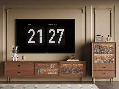 Living Room With Large Screen TV Showing Time 2127 Wooden TV Stand And Decorative Cabinet 3d model