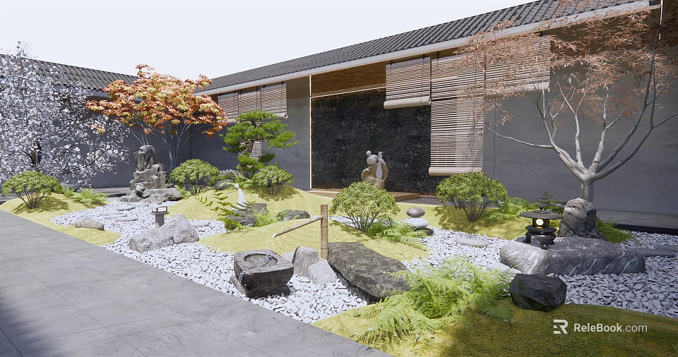 Rockery Stones In Japanese Garden Courtyard With Green Plants Pebble Path And Stone Lantern 3d model 