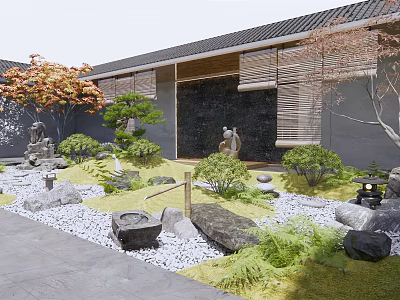Rockery Stones In Japanese Garden Courtyard With Green Plants Pebble Path And Stone Lantern 3d model