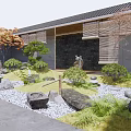 Rockery Stones In Japanese Garden Courtyard With Green Plants Pebble Path And Stone Lantern