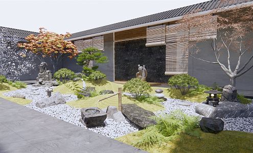 Japanese-style courtyard atrium dry landscape courtyard landscape stone rockery Zen courtyard sketch landscape tree 3d model