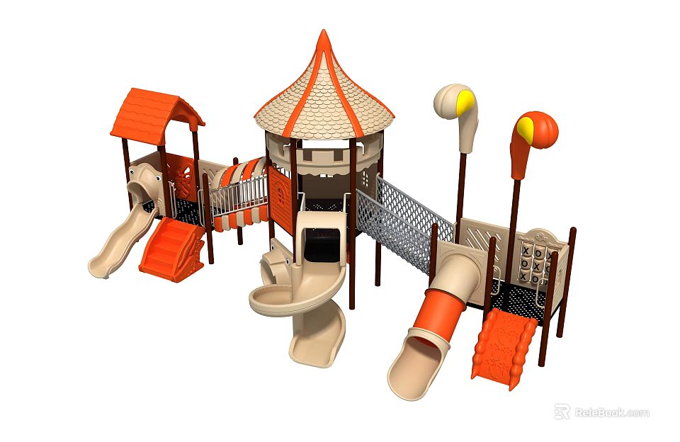 Colorful Playground Equipment With Tower Slides Climbing Net And Orange Beige Structures 3d model 