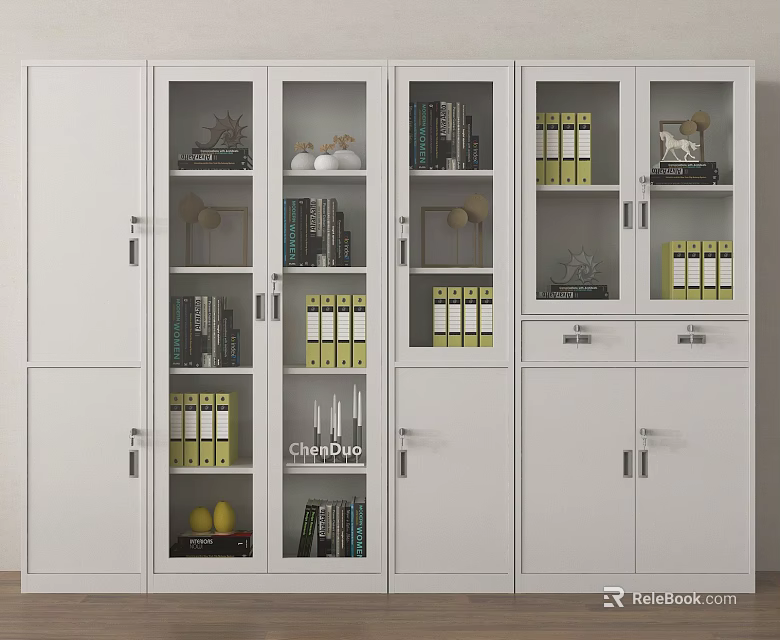 White Modern File Cabinet Combination With Glass Doors And Folders Books Decorations For Office Storage 3d model 