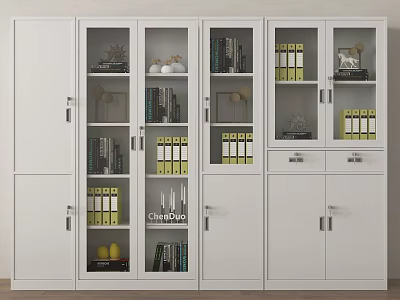 White Modern File Cabinet Combination With Glass Doors And Folders Books Decorations For Office Storage 3d model