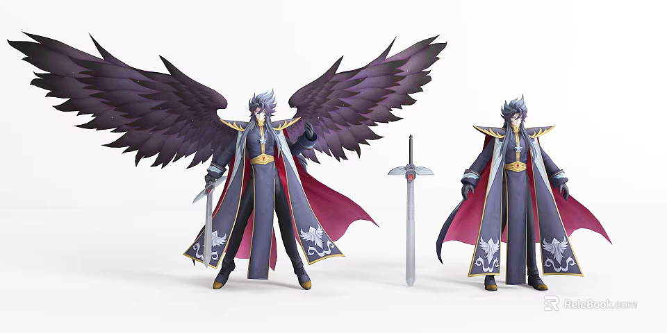 Detailed Game Character With Large Purple Wings Dark Robe And Golden Accents Holding Sword 3d model