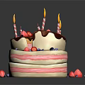 Layered Birthday Cake With Lit Candles Fresh Strawberries Blueberries Chocolate Sauce And A Slice Taken