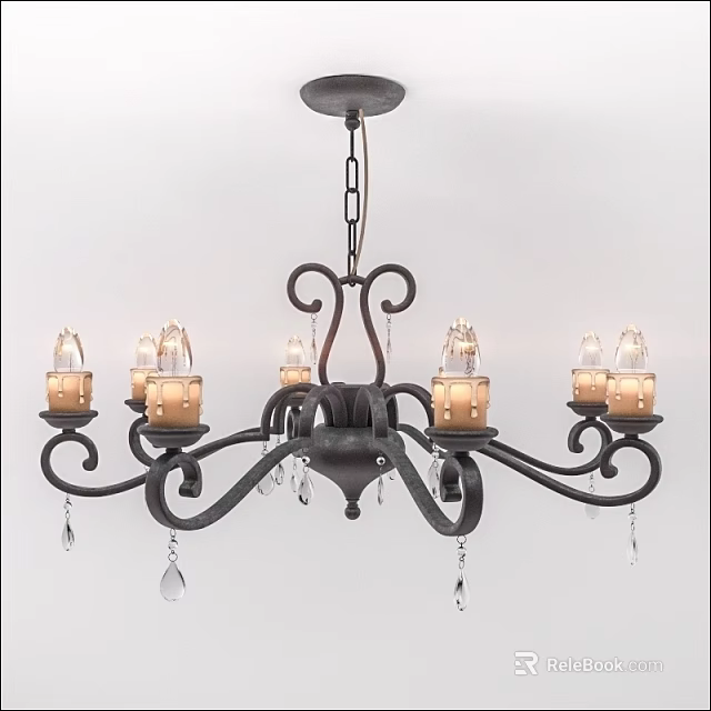 Vintage Wrought Iron Chandelier Featuring Candle Lights Crystal Pendants and Ornate Scrollwork 3d model 