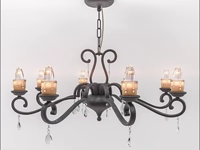 Vintage Wrought Iron Chandelier Featuring Candle Lights Crystal Pendants and Ornate Scrollwork 3d model