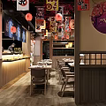 Japanese Restaurant Interior With Cherry Blossom Decor Lanterns Wave Murals And Wooden Tables Chairs