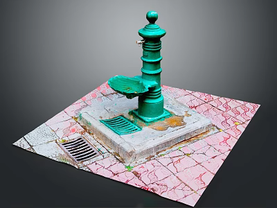 Green Water Fountain On Square Concrete Base With Red Brick Paved Ground And Drainage Grate 3d model