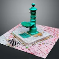 Green Water Fountain On Square Concrete Base With Red Brick Paved Ground And Drainage Grate