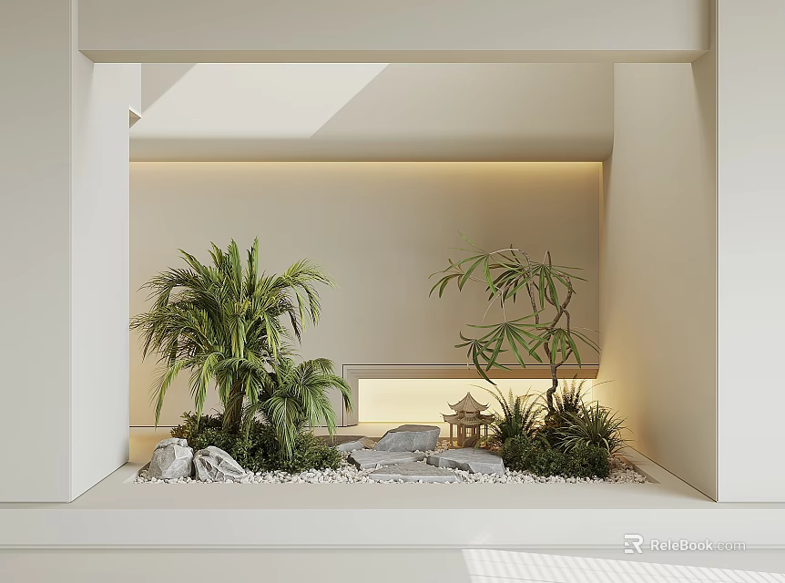 Interior Landscape With Palm Trees Small Pavilion Stones And Lighted Background 3d model 