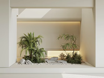 Interior Landscape With Palm Trees Small Pavilion Stones And Lighted Background 3d model