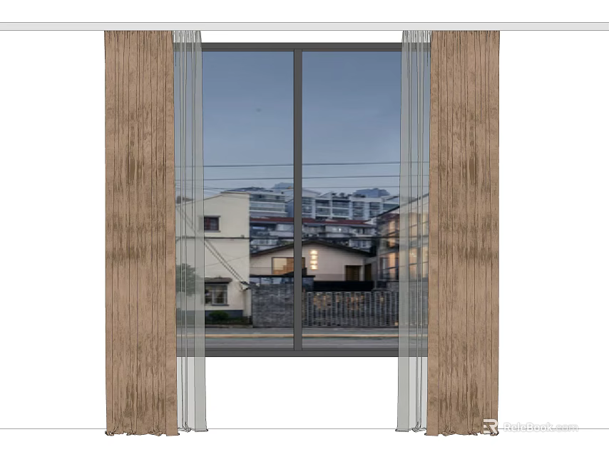 Elegant Brown Fabric Curtains With Sheer Layers For Large Window Residential View 3d model 