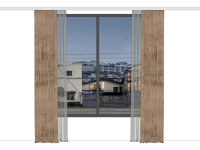 Elegant Brown Fabric Curtains With Sheer Layers For Large Window Residential View 3d model
