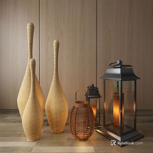Stylish Candle Lantern with Wicker Vases on Wooden Floor and Wall Background 3d model 