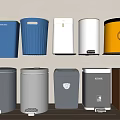 Various Colored Trash Bins With Different Designs And Lids Neatly Arranged
