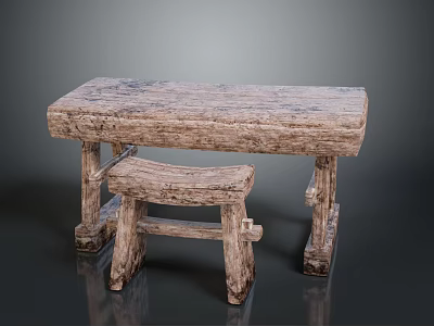 Rustic Wooden Furniture Table And Stool With Natural Wood Texture Design 3d model