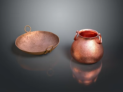 Copper Household Items With Handles Including Pan And Pot For Daily Use 3d model