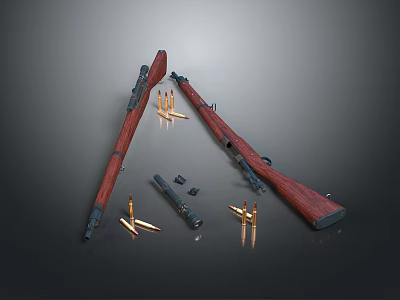 Vintage Rifles With Wooden Stocks Bullets And Gun Parts 3d model