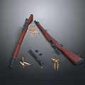 Vintage Rifles With Wooden Stocks Bullets And Gun Parts