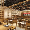 Modern Restaurant Interior With Wooden Tables Chairs Pendant Lights And Decorative Art