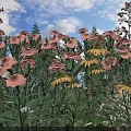 Pink and Yellow Flowers with Small White Flowers and Green Leaves Under Blue Sky Clouds
