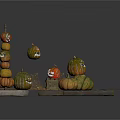 Tower Of Stacked Carved Halloween Pumpkins With Smiley Faces And Hay Decorations