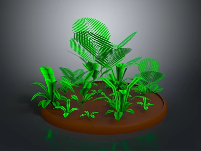 Lush Green Plant Arrangement With Round Brown Base And Tropical Leaves 3d model