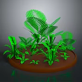 Lush Green Plant Arrangement With Round Brown Base And Tropical Leaves