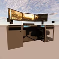 Professional Work Desk With Triple Monitors Speakers And Modern Workstation Design