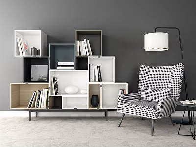 Modern Modular Multicolored Bookshelf with Cubes Books and Decorative Items Checkered Armchair and Floor Lamp 3d model