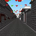 Ancient Alley With Stone Walls Red Lanterns Colorful Flags And Brick Path