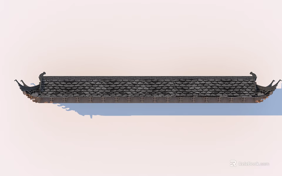 Traditional Building Exterior Wall With Black Tile Roof And Decorative Eaves Design 3d model 