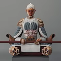 Intricate Seated Warrior Sculpture With Detailed Armor and Long Staff on Square Base