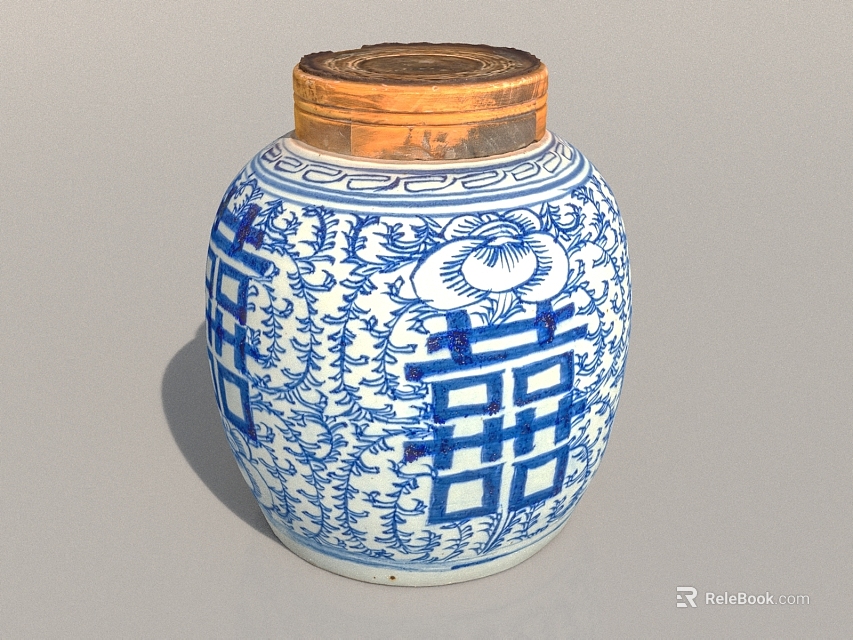 Traditional Blue and White Ceramic Jar with Double Happiness Pattern and Wooden Lid 3d model 