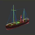 Vintage Steamship Model With Two Masts Black Chimney And Red Hull