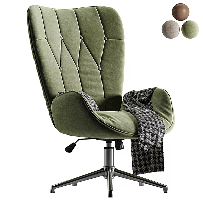 Green Velvet Diamond Tufted Office Chair With Plaid Blanket And Metal Swivel Base 3d model