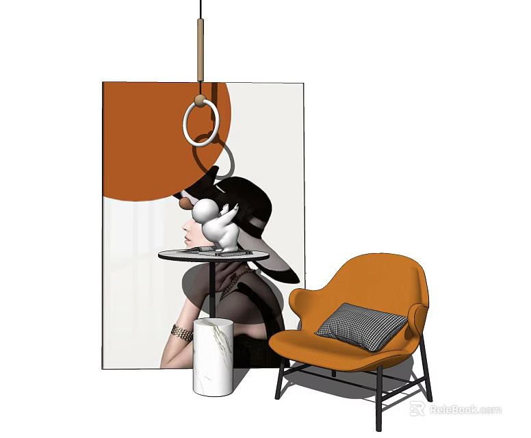 Modern Orange Single Sofa With Gray Pillow And Side Table Wall Art 3d model 