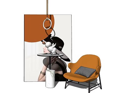 Modern Orange Single Sofa With Gray Pillow And Side Table Wall Art 3d model