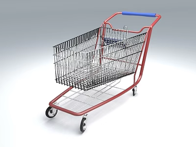 Public Facility Shopping Cart With Red Frame Blue Handle And Metal Basket 3d model