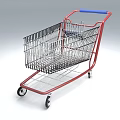 Public Facility Shopping Cart With Red Frame Blue Handle And Metal Basket