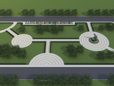 Well Designed Garden Layout With Circular Lawns Statue Trees And Neat Paths 3d model