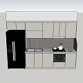 Modern Kitchen With Light Gray Cabinets Black Refrigerator White Countertop And Built In Oven