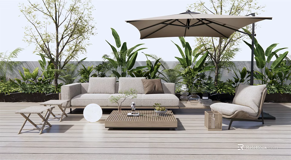 Comfortable Beige Outdoor Sofa on Wooden Deck With Large Umbrella Coffee Table And Green Plants 3d model 