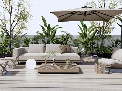 Comfortable Beige Outdoor Sofa on Wooden Deck With Large Umbrella Coffee Table And Green Plants 3d model