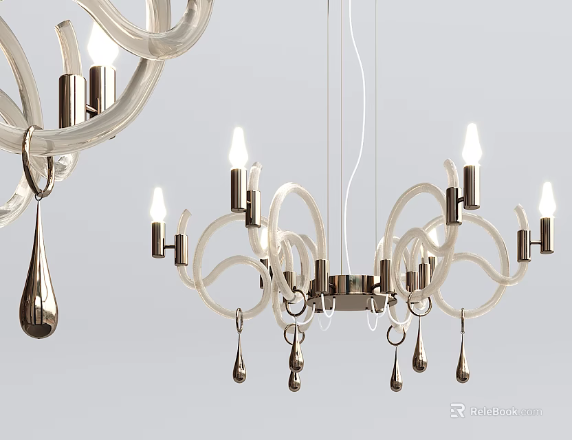 Elegant Modern Chandelier With Curved Metal Structure Transparent White Elements And Decorative Drops 3d model 