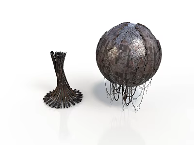 Modern Metallic Sculptures With Spherical Design Tower Like Structure Textured Surfaces And Hanging Chains 3d model