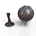 Modern Metallic Sculptures With Spherical Design Tower Like Structure Textured Surfaces And Hanging Chains